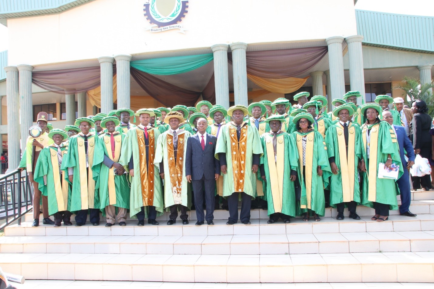 The Chancellor, Dr David Oyedepo (Centre) in a group photograph with the Secretary, Board of Regents, BarristerTemidayo Eseyin (5th Left) and University Management led by the Vice-Chancellor, Professor Adeniyi Olayanju (5th Right) at the 8th Matriculation Ceremony.