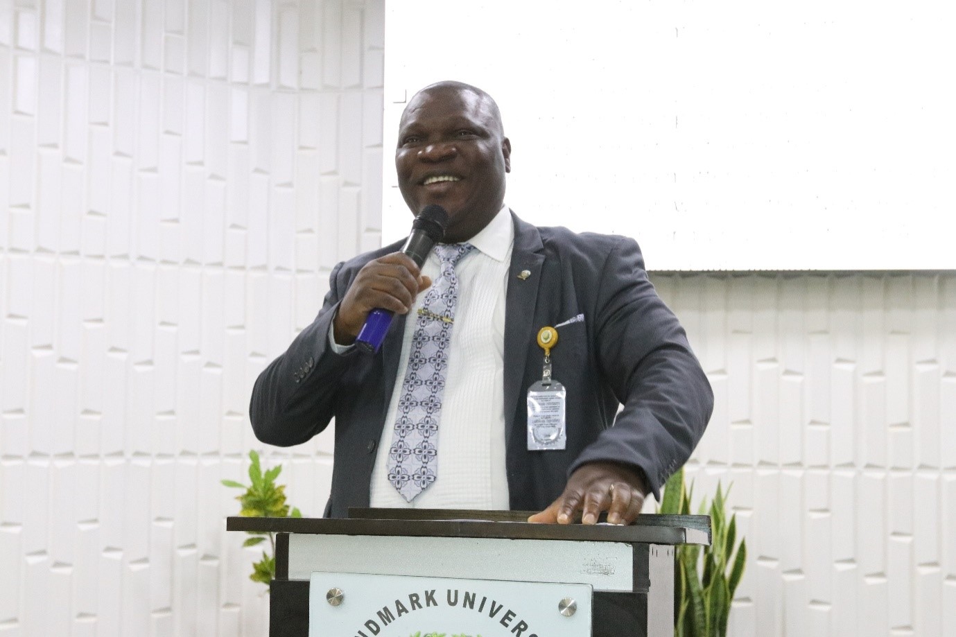 The Vice-Chancellor, Professor Adeniyi Olayanju giving his Welcome Remarks with great excitement at the 2017/2018 Academic Session Omega Semester Staff Welcome Assembly