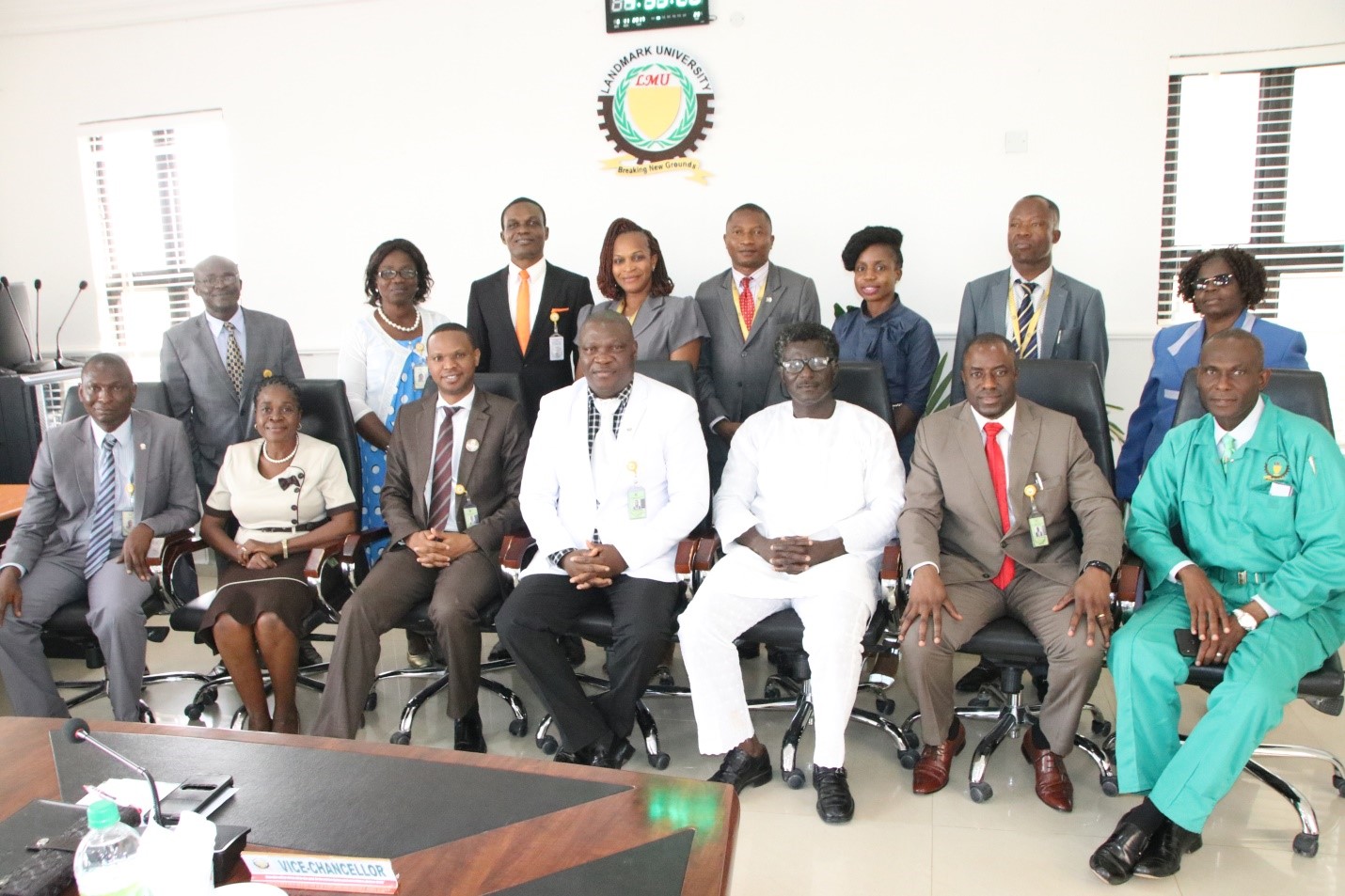 Centre: The Vice-Chancellor, Professor Adeniyi Olayanju leading other members of Management in a group photograph with Dr. Dele Oyeku