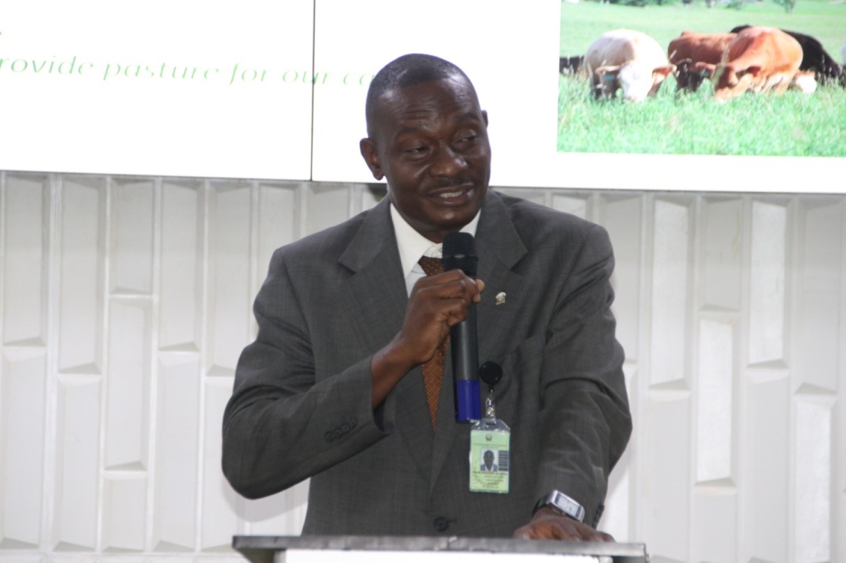 Dr. Olorunnisomo of the Department of Animal Science addressing members of Management and other team members on Fodder Cropping and Silage Making.