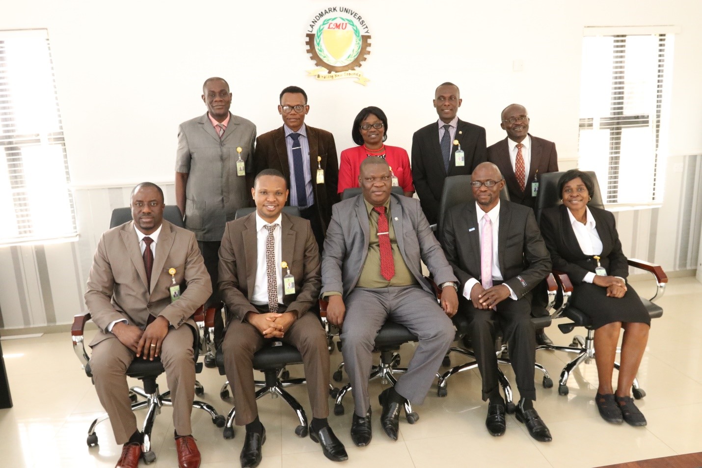 The Vice-Chancellor, Professor Adeniyi Olayanju and other members of Management in a group photograph with Engr. Gabriel Folaranmi